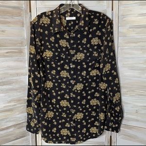 Equipment Femme Slim Signature Silk Shirt black floral print button-down Medium